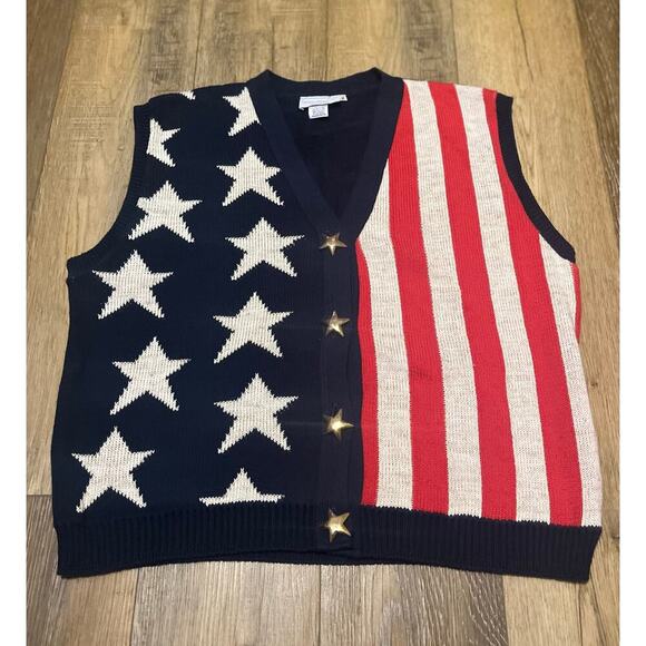 VTG Sweater Loft Sleeveless Knit Cardigan Sweater Vest USA Flag Star Stripe XL - Picture 2 of 9